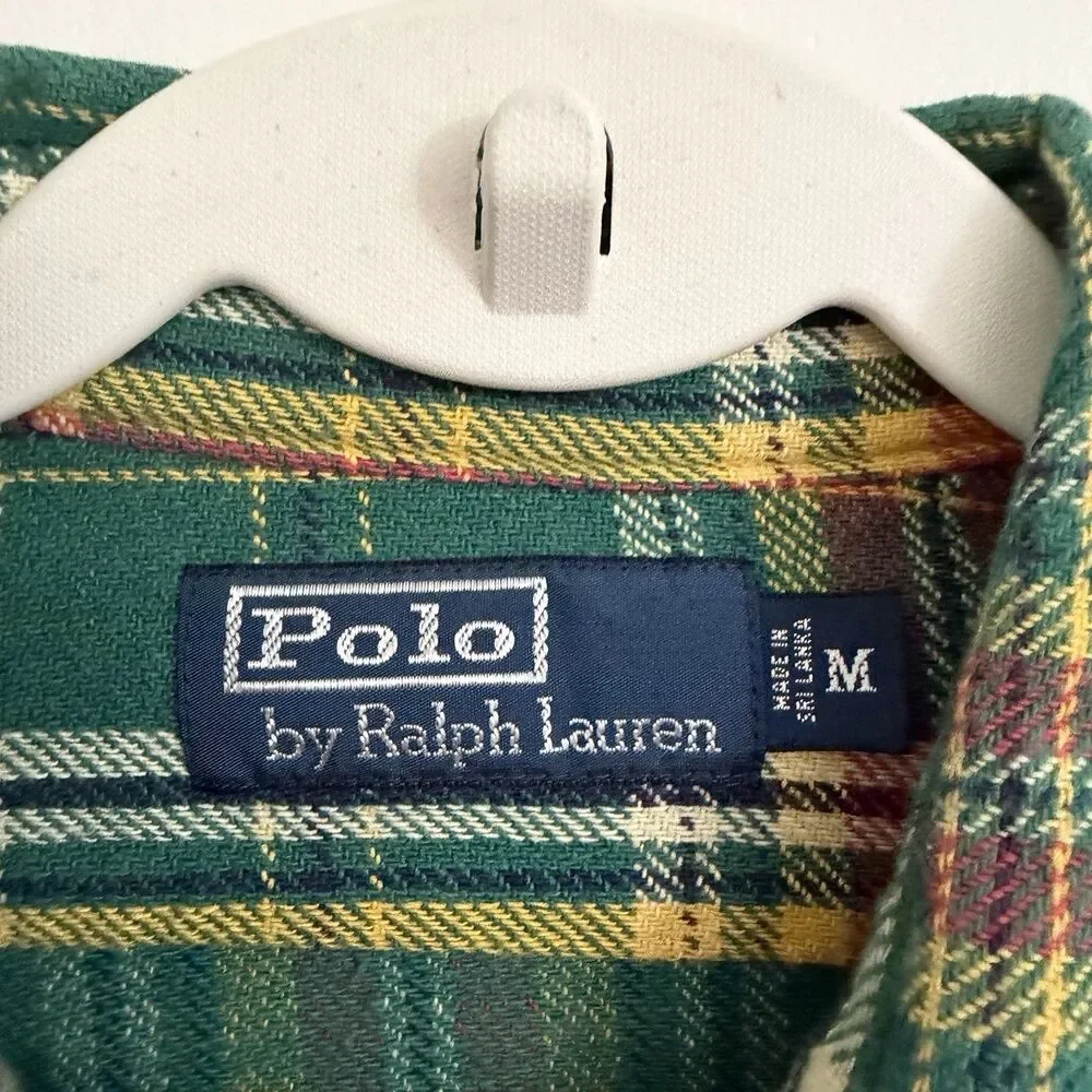 Polo Ralph Lauren Flannel Shirt Mens Medium Green Plaid Longsleeve 90s Vintage